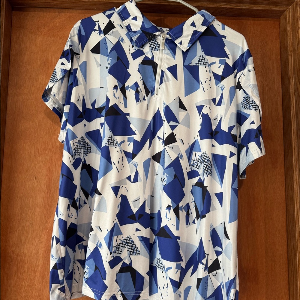 Geometric Blue and White Polo Shirt